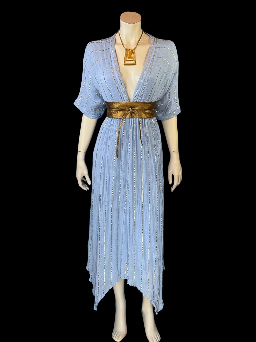En Creme Light Blue Gauze Dress w Gold Metallic Stripe / Resort Goddess / M